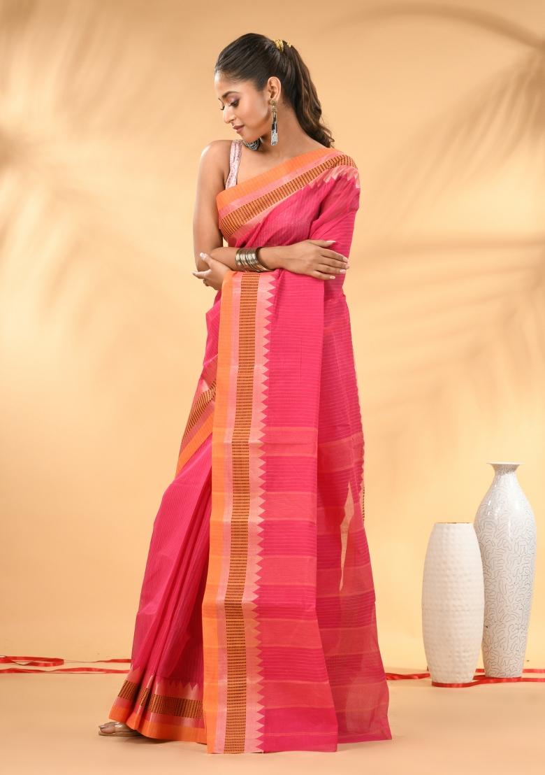 Pink Floral Embroidery Cotton Saree - Indya