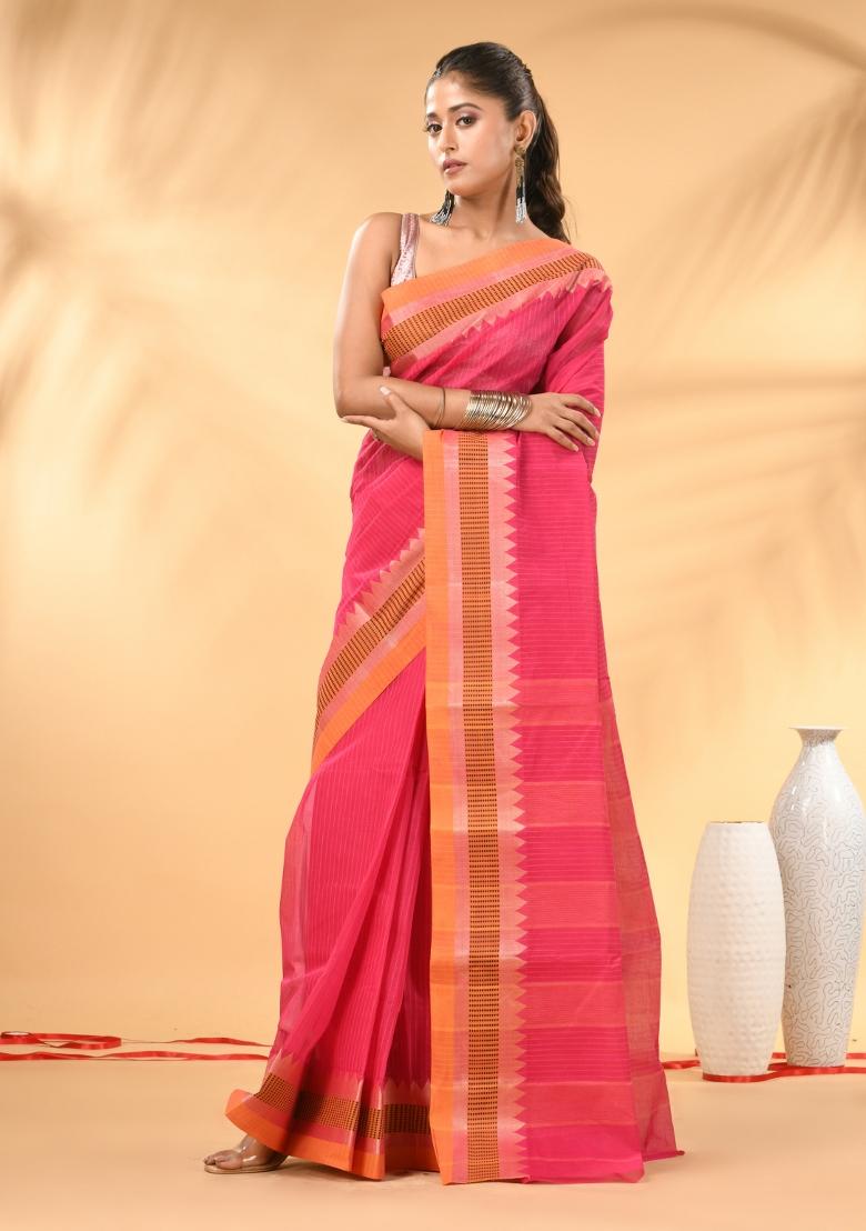 Pink Floral Embroidery Cotton Saree - Indya