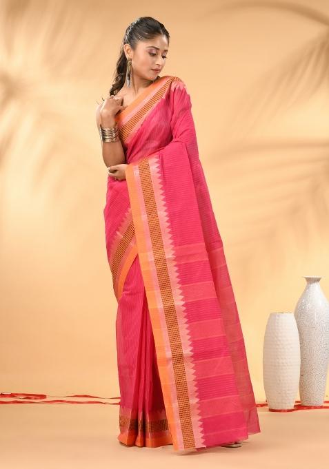 Pink Floral Embroidery Cotton Saree
