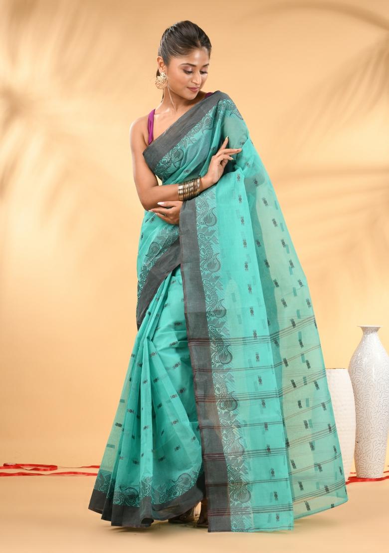 Mint Green Floral Embroidery Cotton Saree - Indya