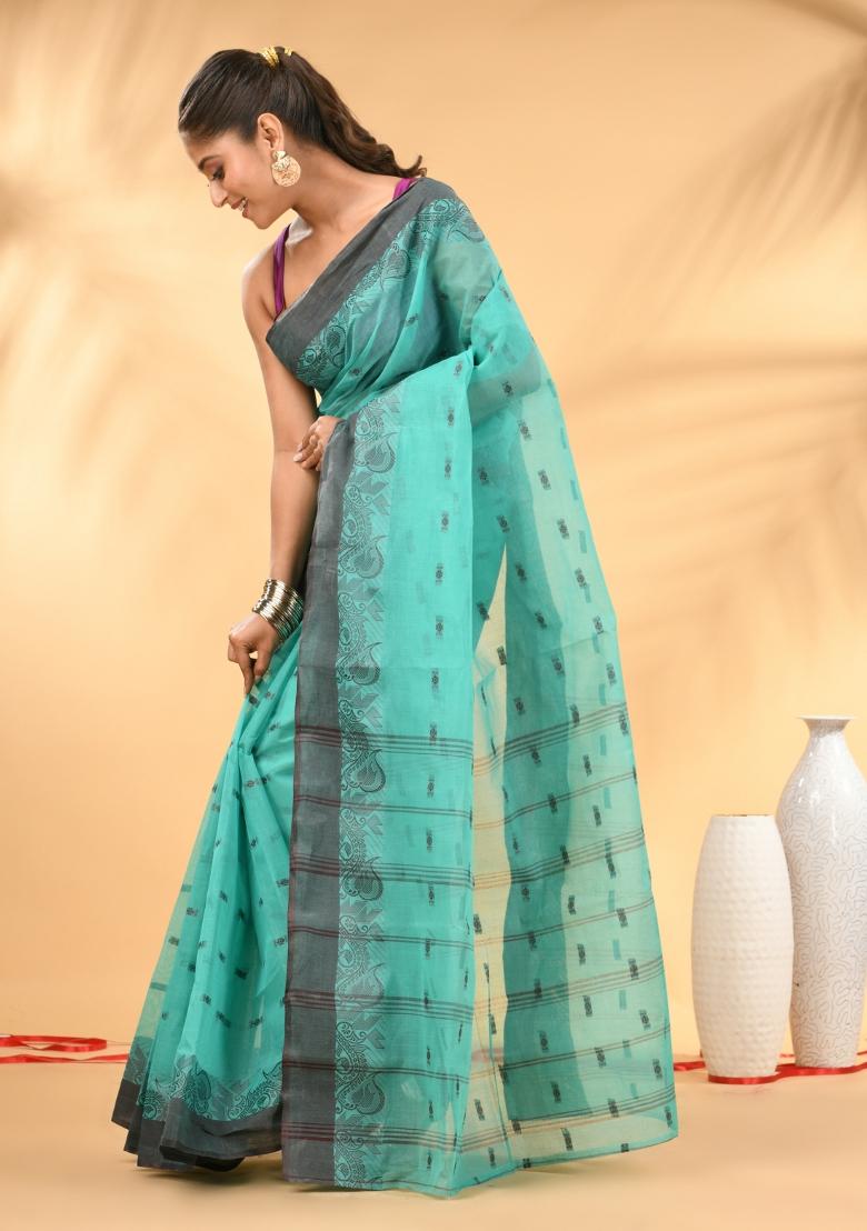 Mint Green Floral Embroidery Cotton Saree - Indya