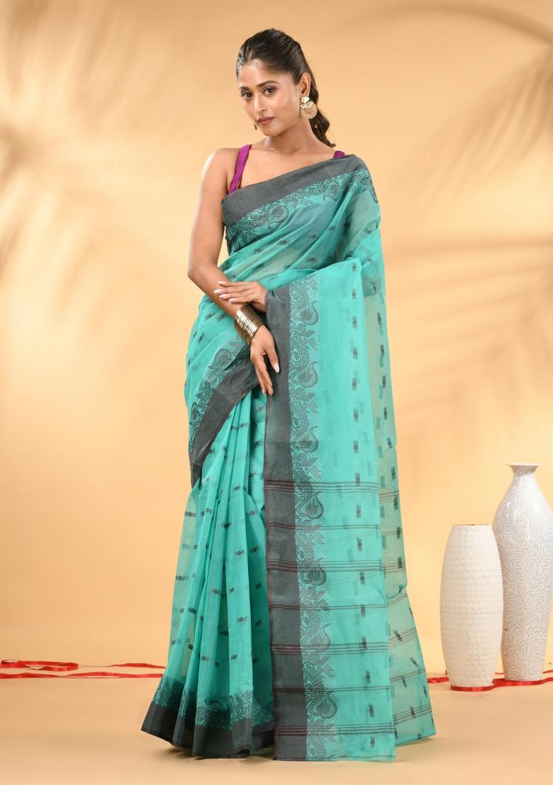 Mint Green Floral Embroidery Cotton Saree - Indya
