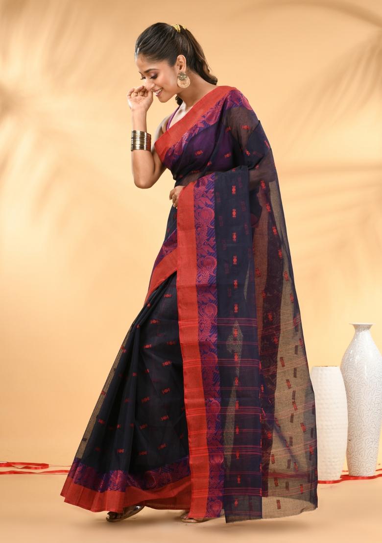 Midnight Blue Floral Embroidery Cotton Saree - Indya