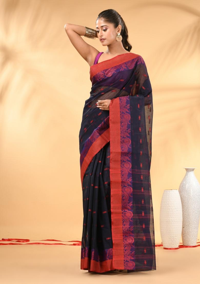 Midnight Blue Floral Embroidery Cotton Saree - Indya