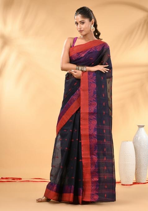 Midnight Blue Floral Embroidery Cotton Saree
