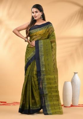 Olive Green Floral Embroidery Cotton Saree