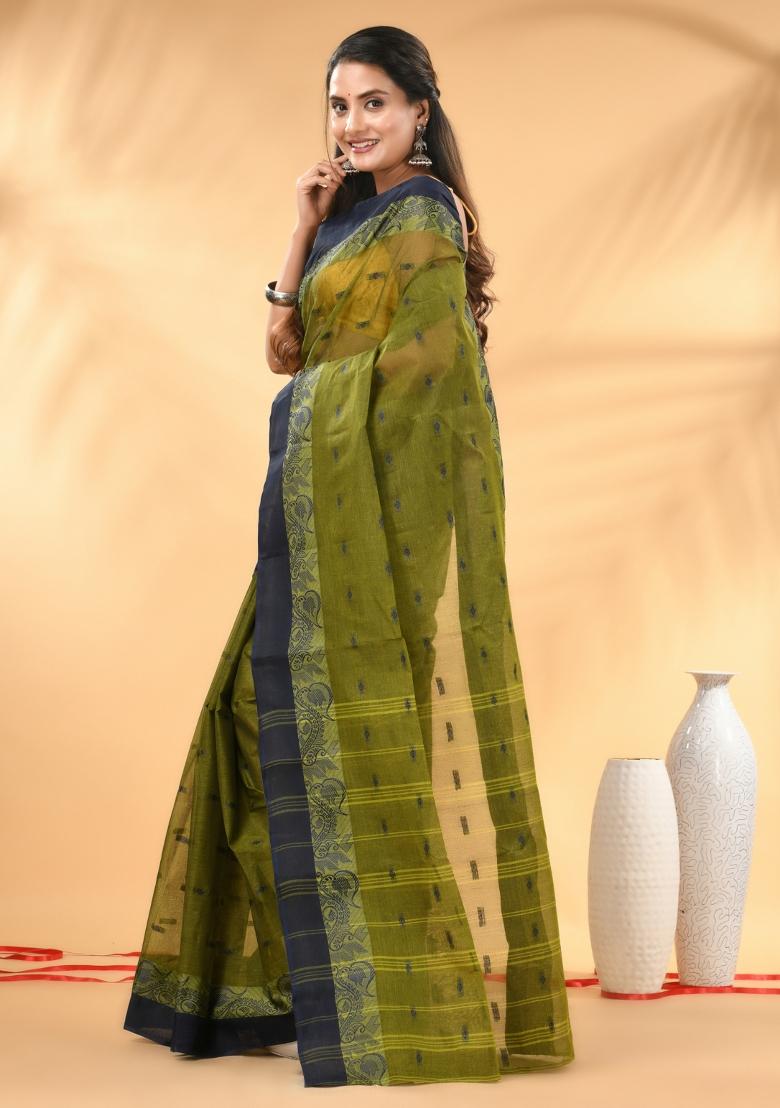 Olive Green Floral Embroidery Cotton Saree - Indya