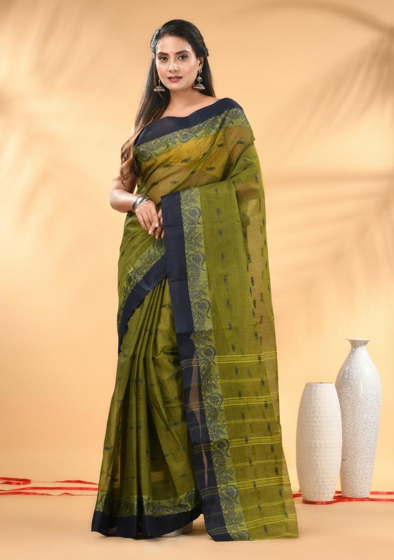 Olive Green Floral Embroidery Cotton Saree - Indya