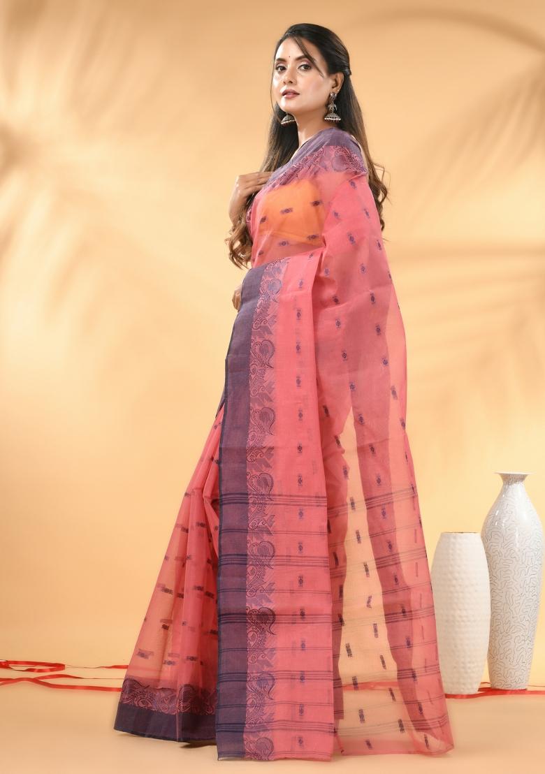 Peach Pink Floral Embroidery Cotton Saree - Indya