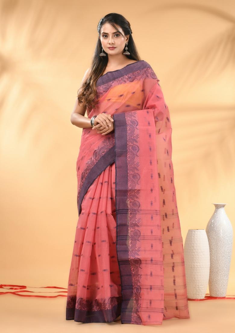Peach Pink Floral Embroidery Cotton Saree - Indya
