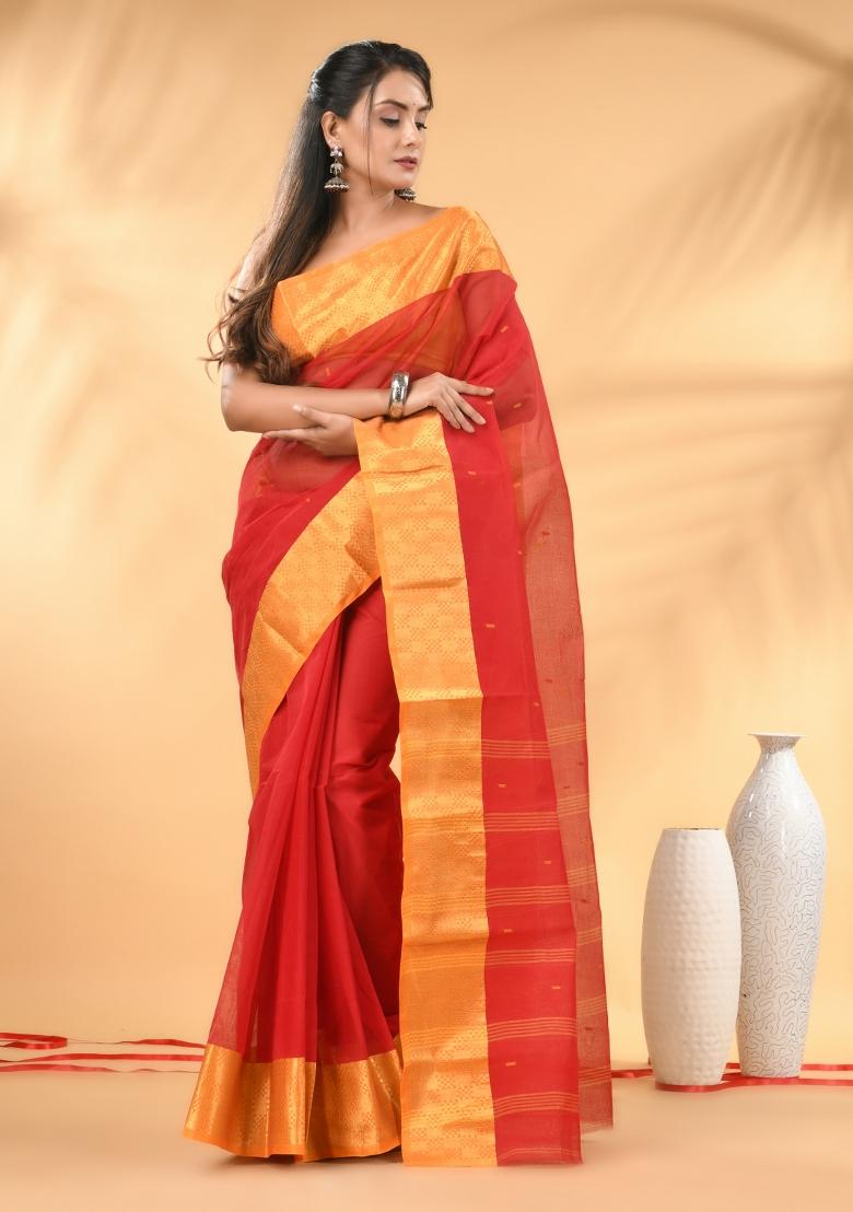 Red Floral Embroidery Cotton Saree
