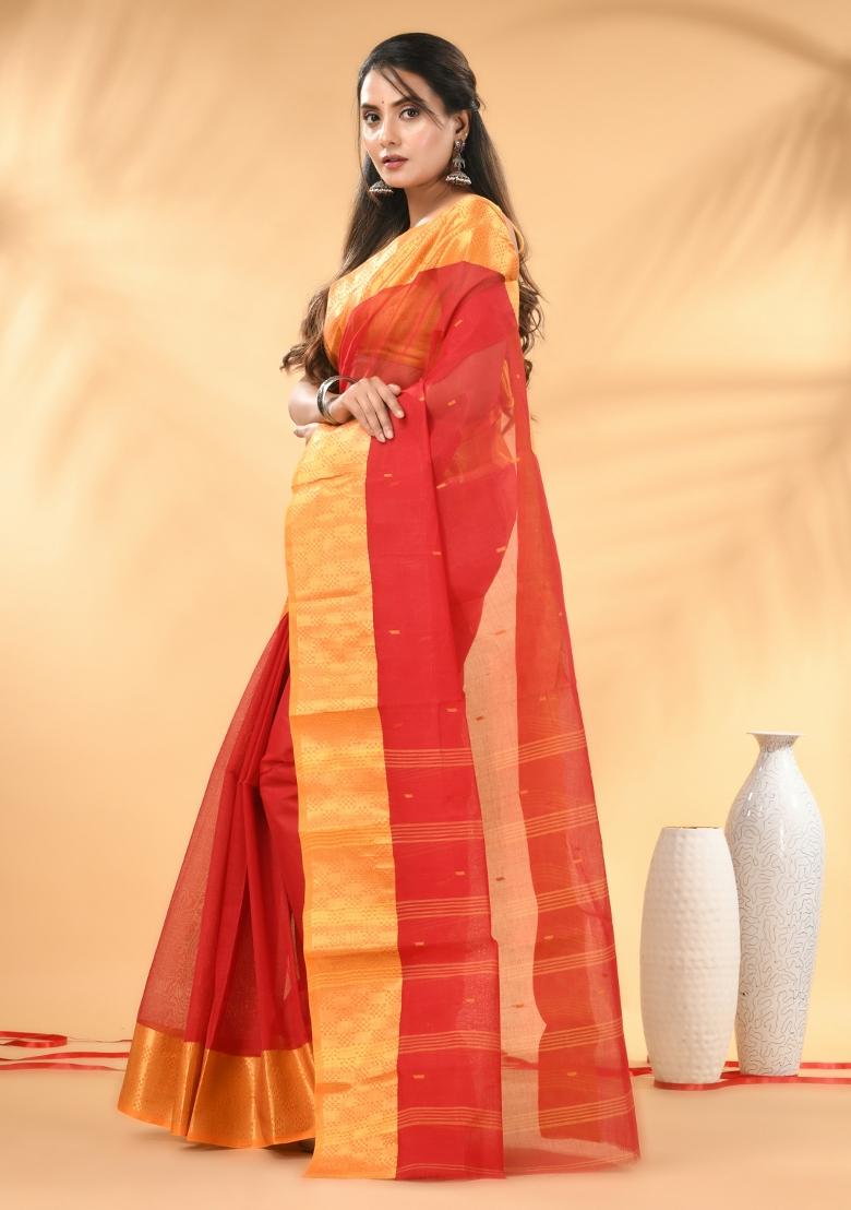 Red Floral Embroidery Cotton Saree - Indya