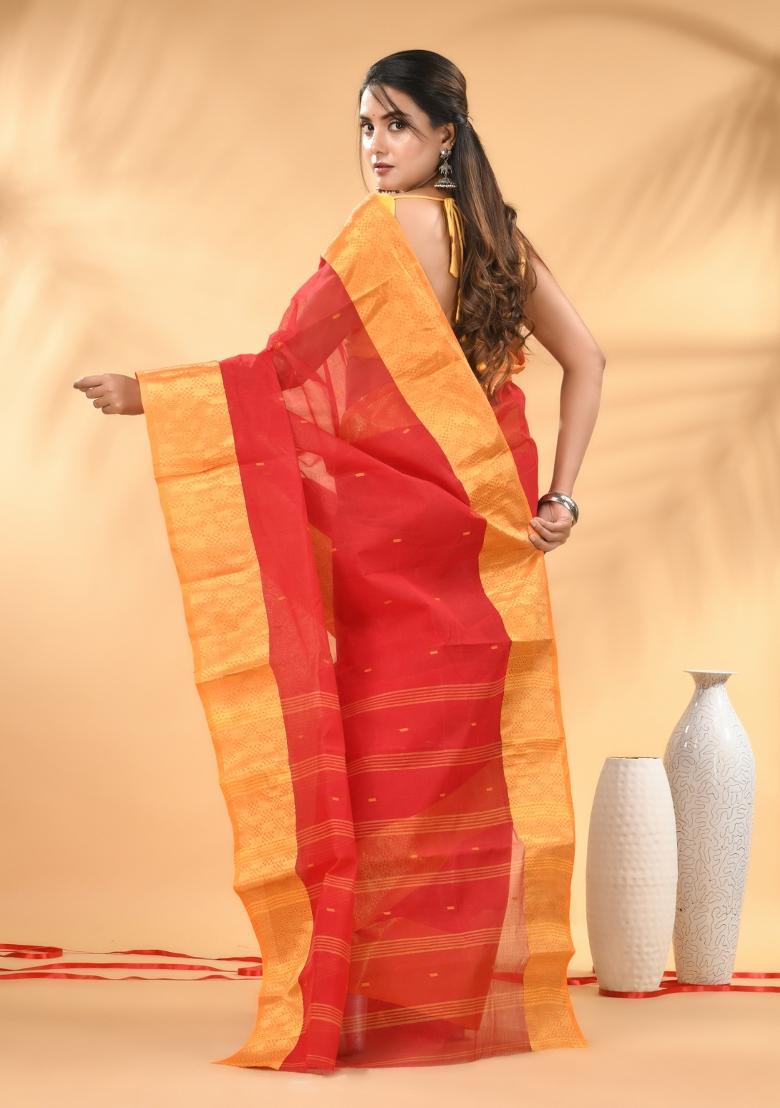 Red Floral Embroidery Cotton Saree