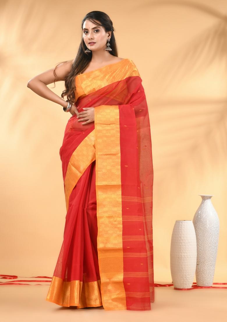 Red Floral Embroidery Cotton Saree - Indya