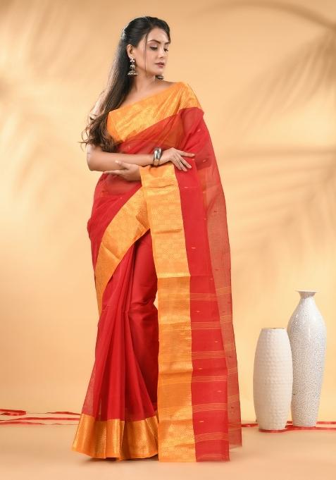 Red Floral Embroidery Cotton Saree