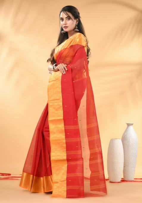 Red Floral Embroidery Cotton Saree
