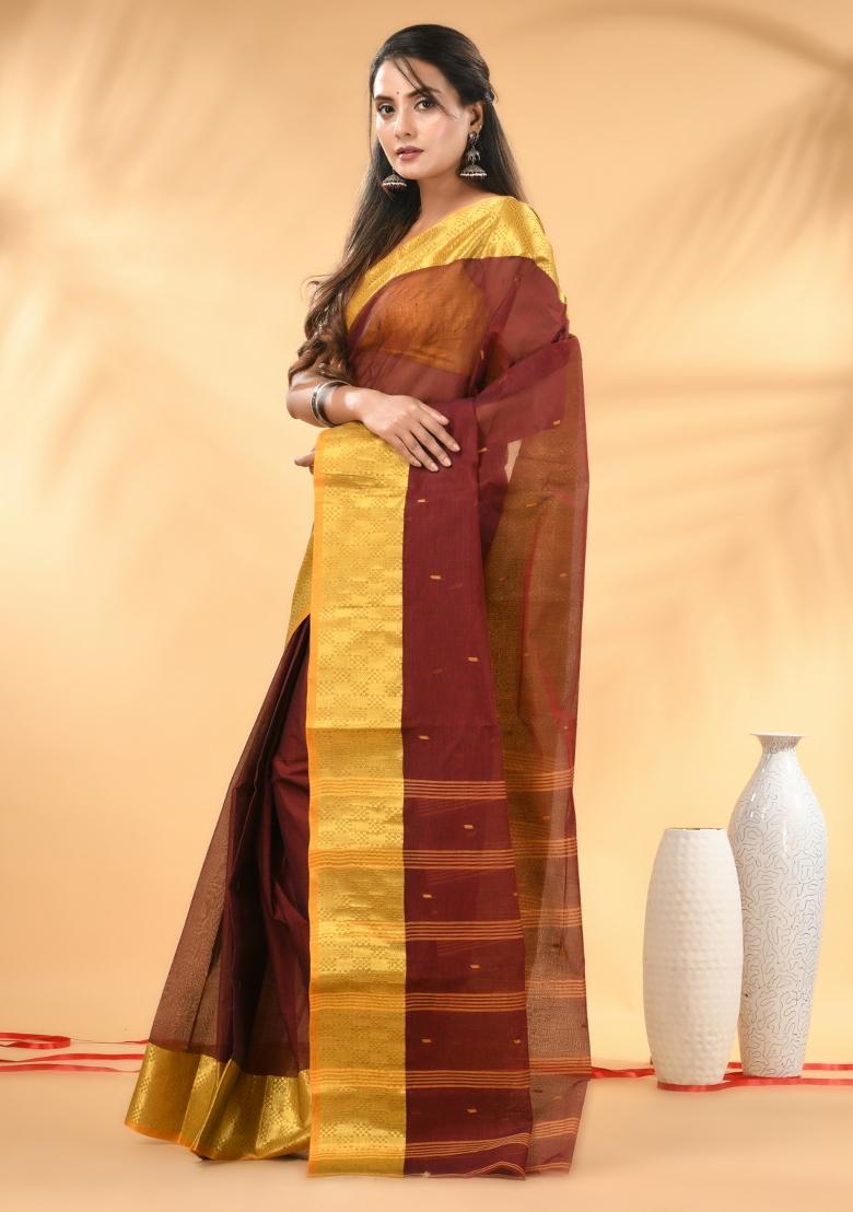Maroon Floral Embroidery Cotton Saree - Indya