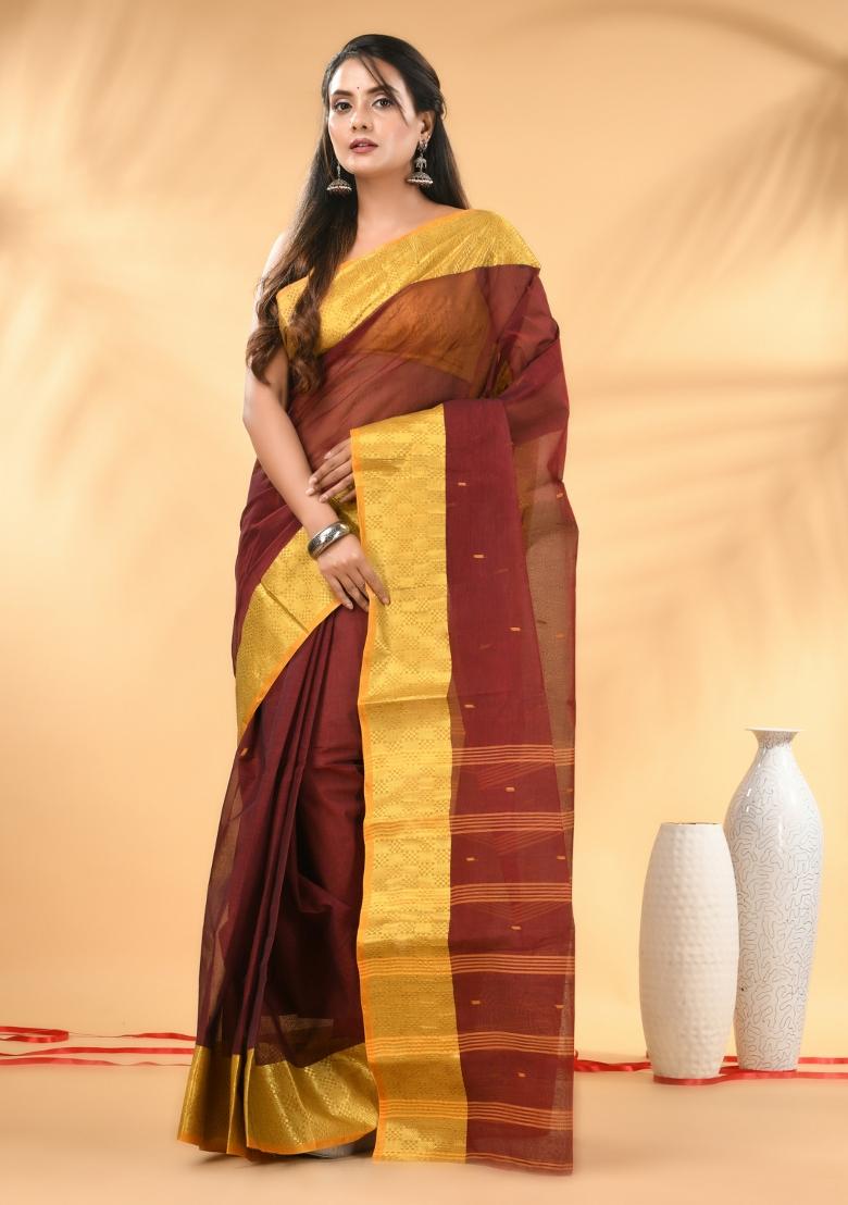 Maroon Floral Embroidery Cotton Saree - Indya
