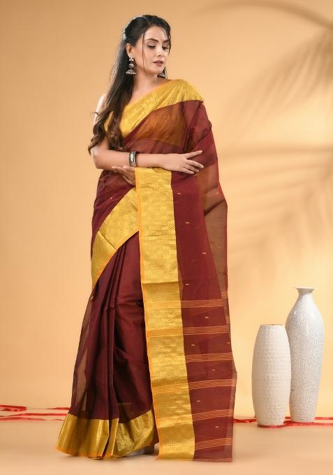 Maroon Floral Embroidery Cotton Saree