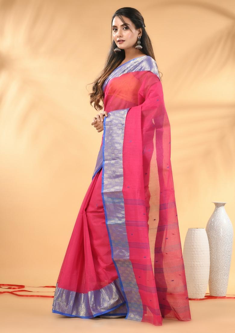 Pink Floral Embroidery Cotton Saree - Indya