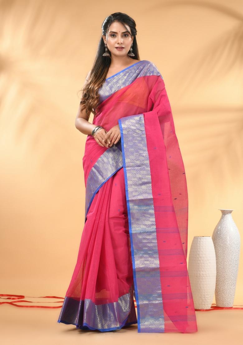 Pink Floral Embroidery Cotton Saree - Indya