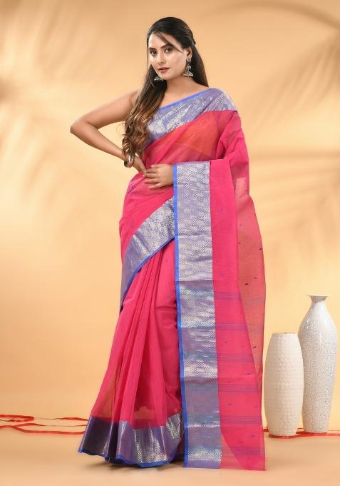 Pink Floral Embroidery Cotton Saree