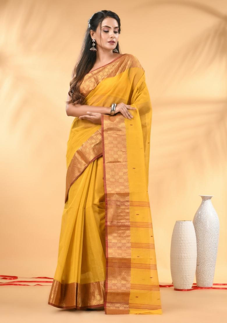 Yellow Floral Embroidery Cotton Saree