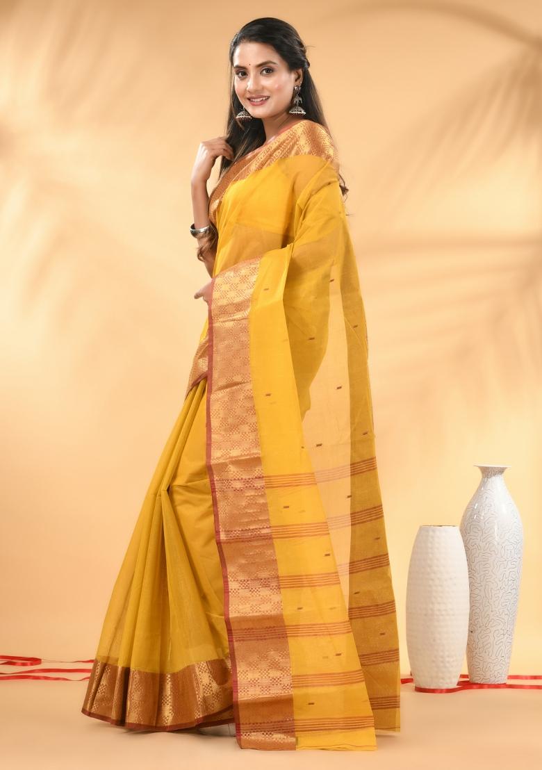 Yellow Floral Embroidery Cotton Saree - Indya