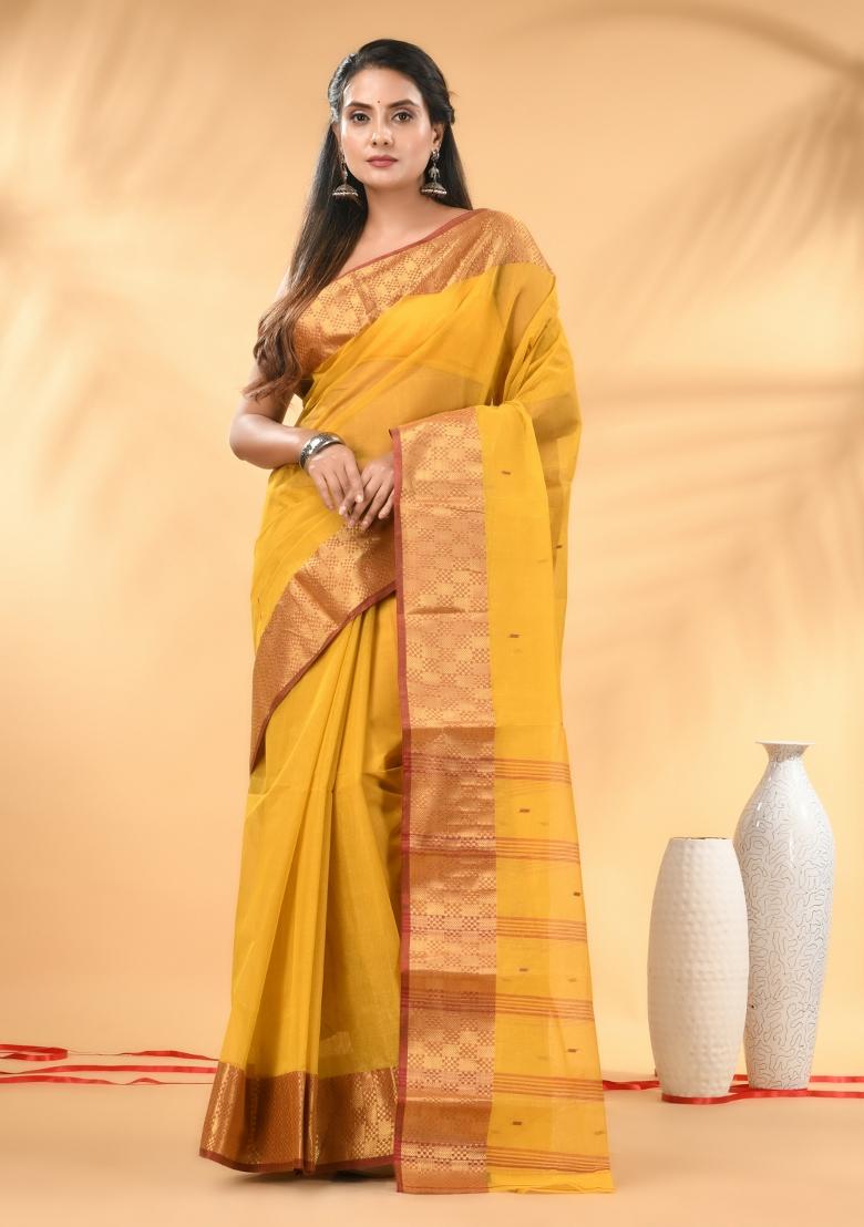Yellow Floral Embroidery Cotton Saree