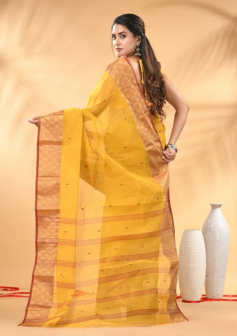 Yellow Floral Embroidery Cotton Saree - Indya