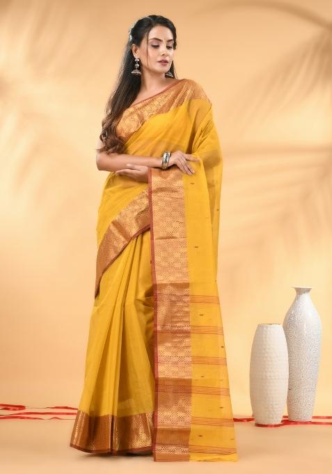 Yellow Floral Embroidery Cotton Saree