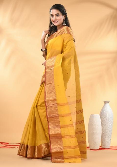 Yellow Floral Embroidery Cotton Saree