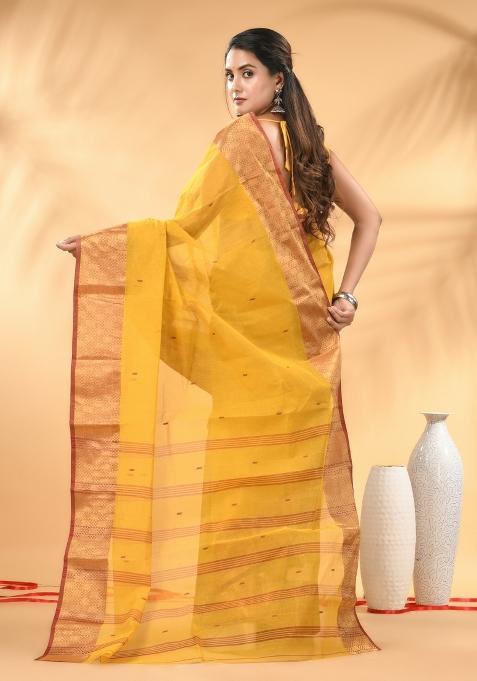 Yellow Floral Embroidery Cotton Saree