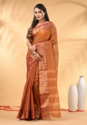 Brown Floral Embroidery Cotton Saree
