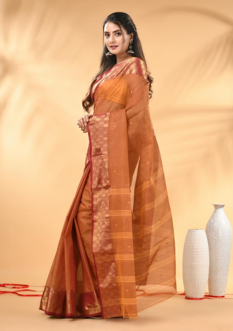 Brown Floral Embroidery Cotton Saree - Indya