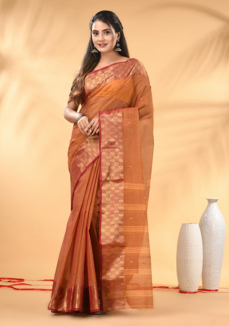Brown Floral Embroidery Cotton Saree - Indya