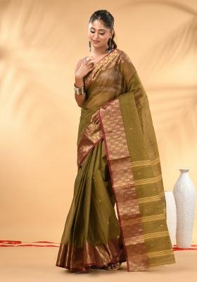 Olive Green Floral Embroidery Cotton Saree
