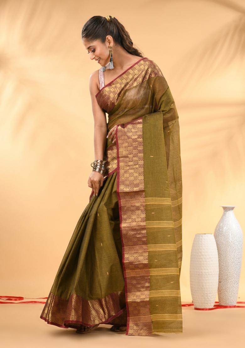 Olive Green Floral Embroidery Cotton Saree - Indya