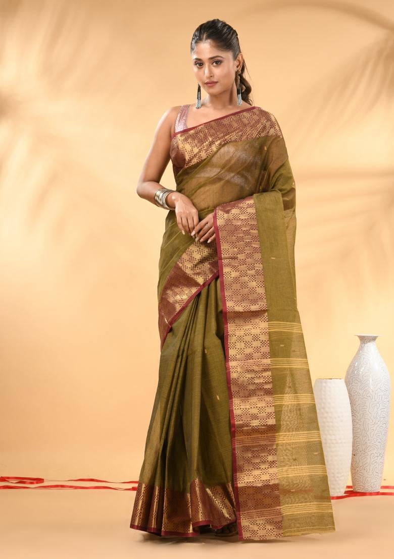 Olive Green Floral Embroidery Cotton Saree - Indya