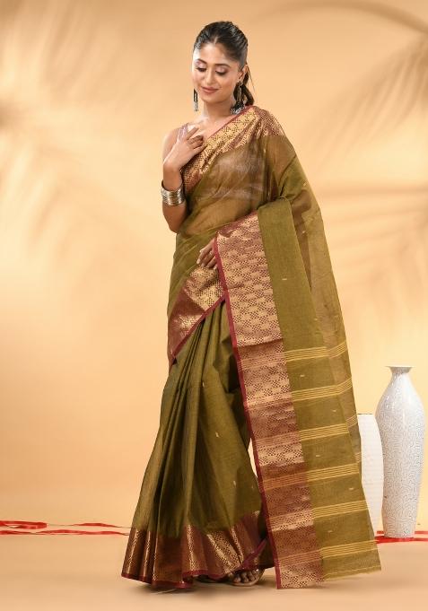 Olive Green Floral Embroidery Cotton Saree