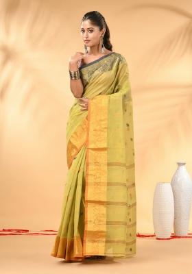 Pastel Green Floral Embroidery Cotton Saree