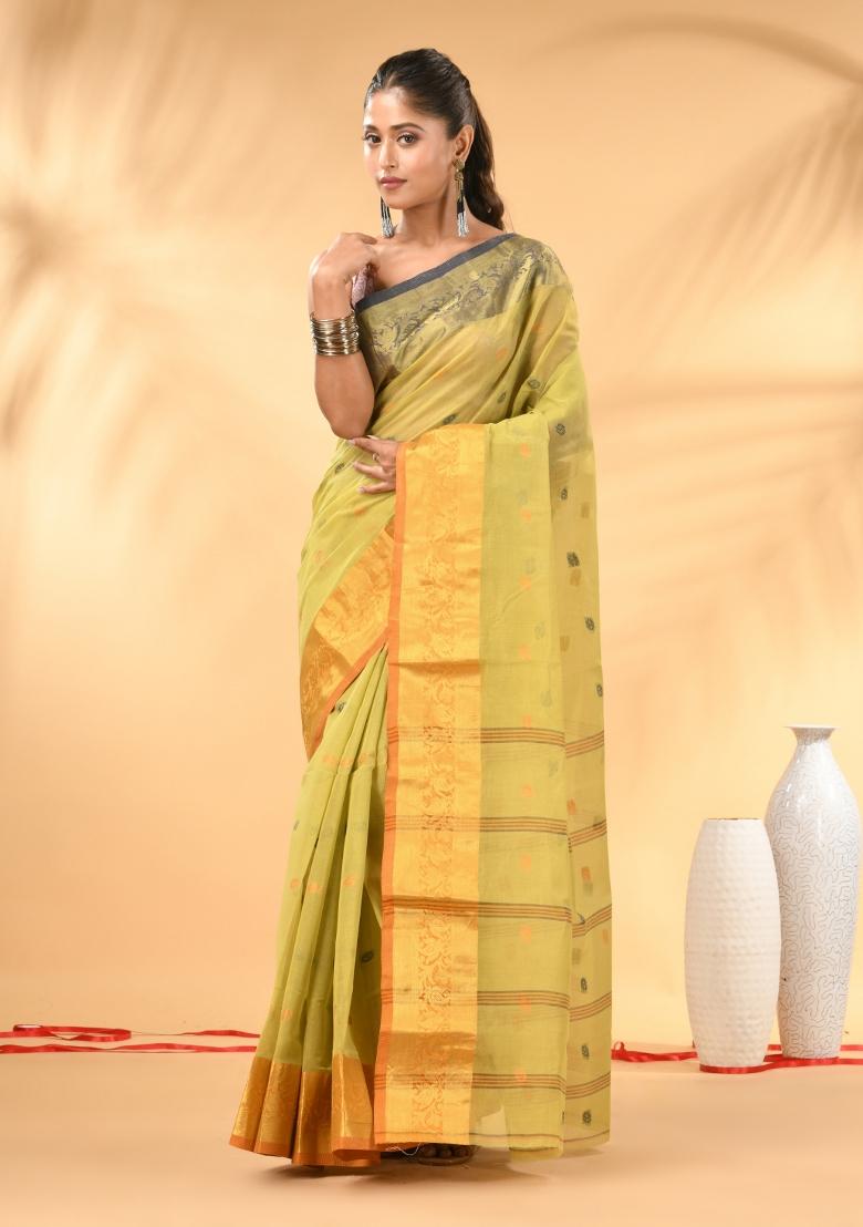 Pastel Green Floral Embroidery Cotton Saree - Indya