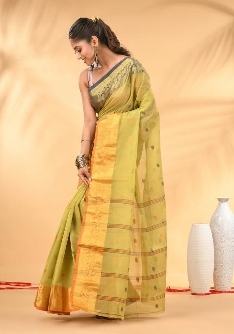 Pastel Green Floral Embroidery Cotton Saree