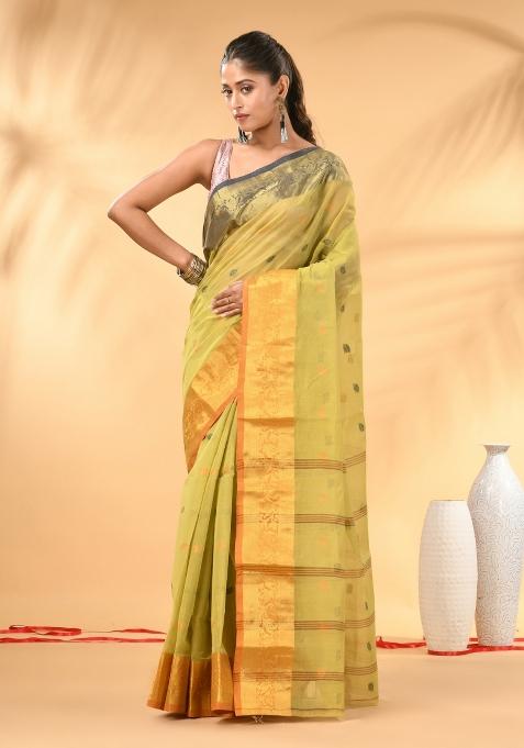 Pastel Green Floral Embroidery Cotton Saree
