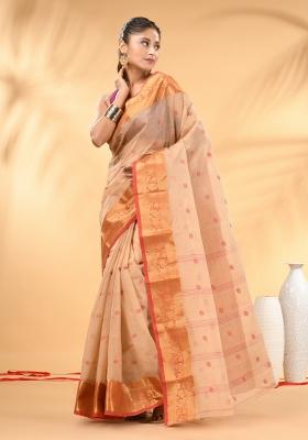 Beige Floral Embroidery Cotton Saree