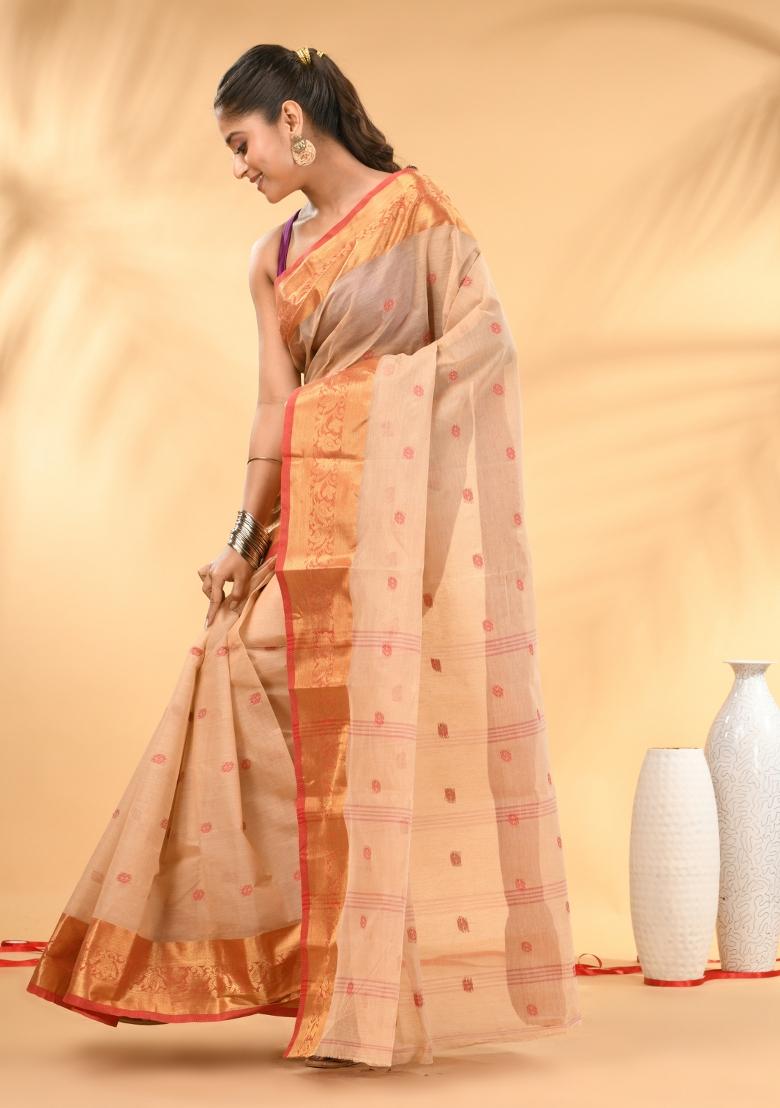 Beige Floral Embroidery Cotton Saree - Indya