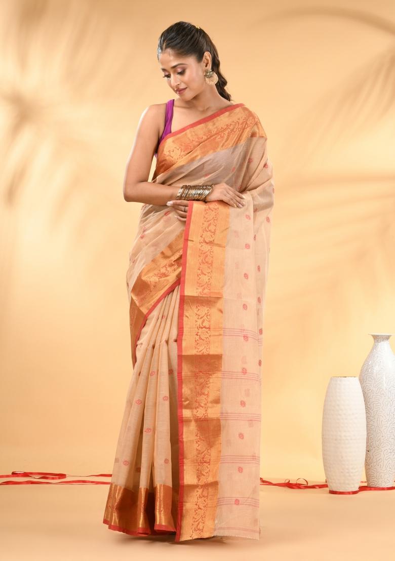 Beige Floral Embroidery Cotton Saree - Indya