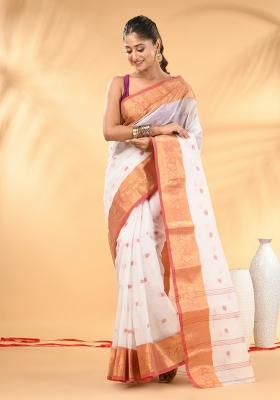 White Floral Embroidery Cotton Saree