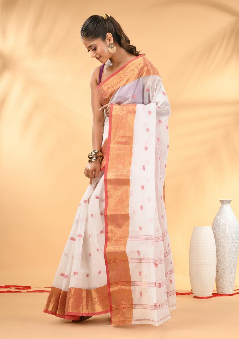 White Floral Embroidery Cotton Saree - Indya