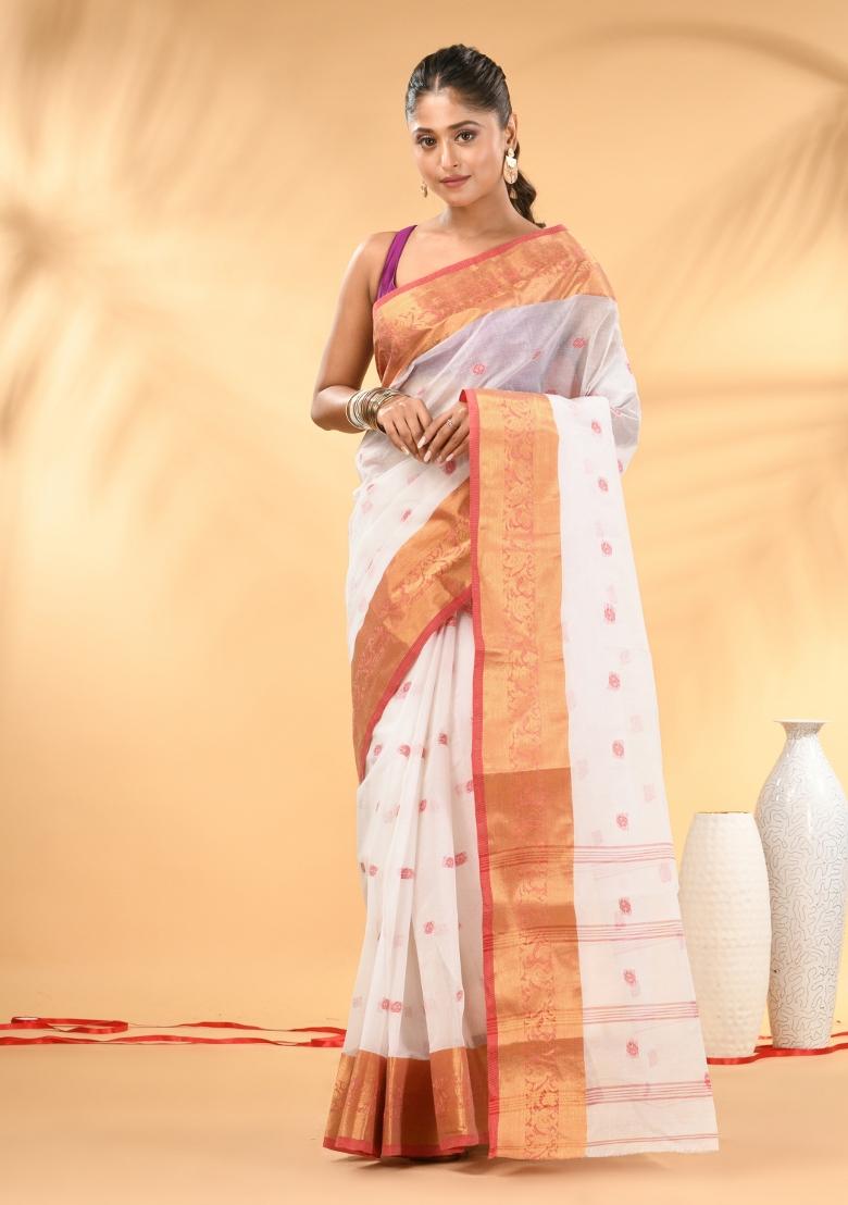 White Floral Embroidery Cotton Saree - Indya
